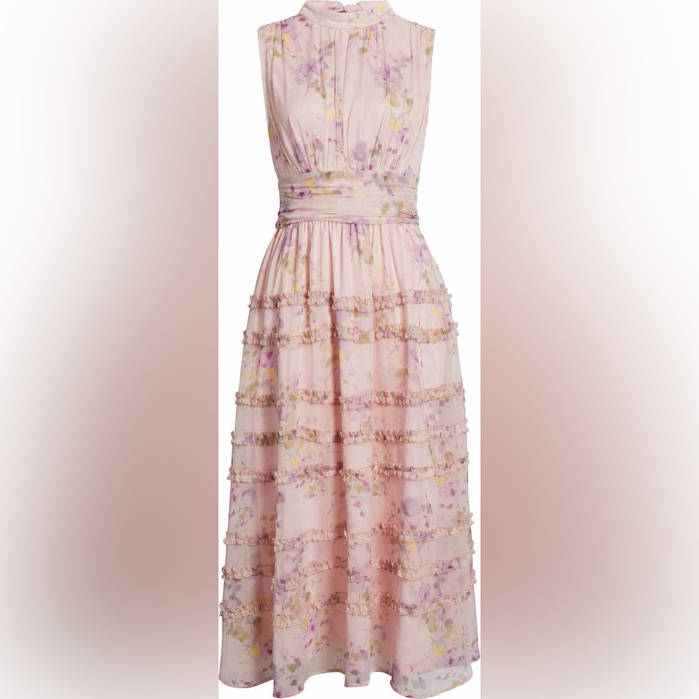 Lulus Happily Sweet Eden Light Pink Floral Sleeveless Ruffle Chiffon Midi Dress - Picture 9 of 10